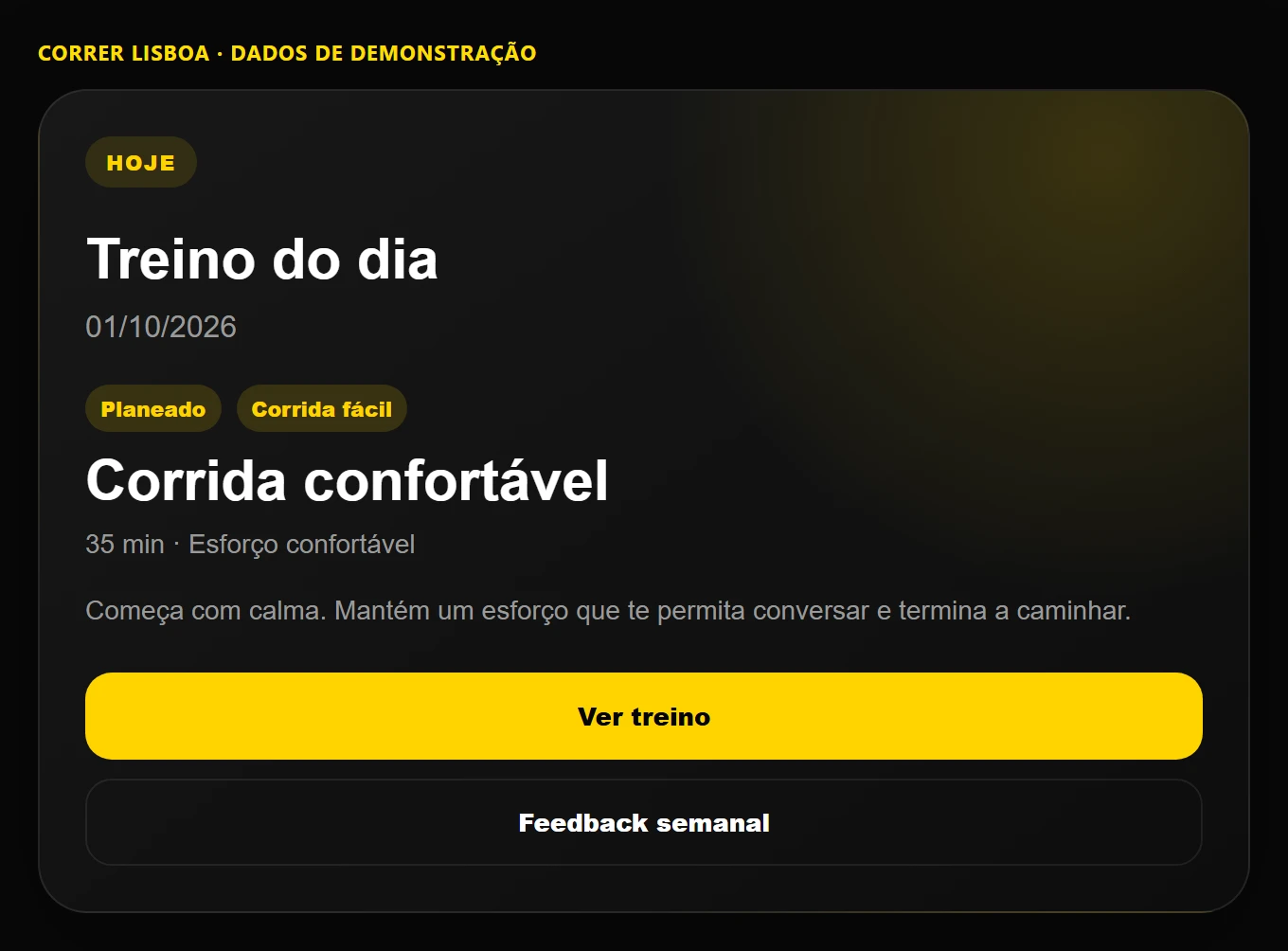 Treino do dia: Abres o plano e sabes o que fazer. Dados fictícios de demonstração.